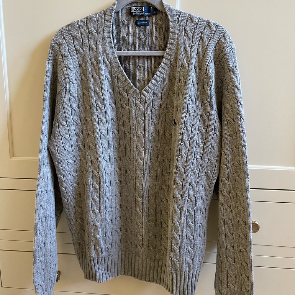 Ralph Lauren, Polo, XL, Gray, V-Neck sweater, light weight cable knit